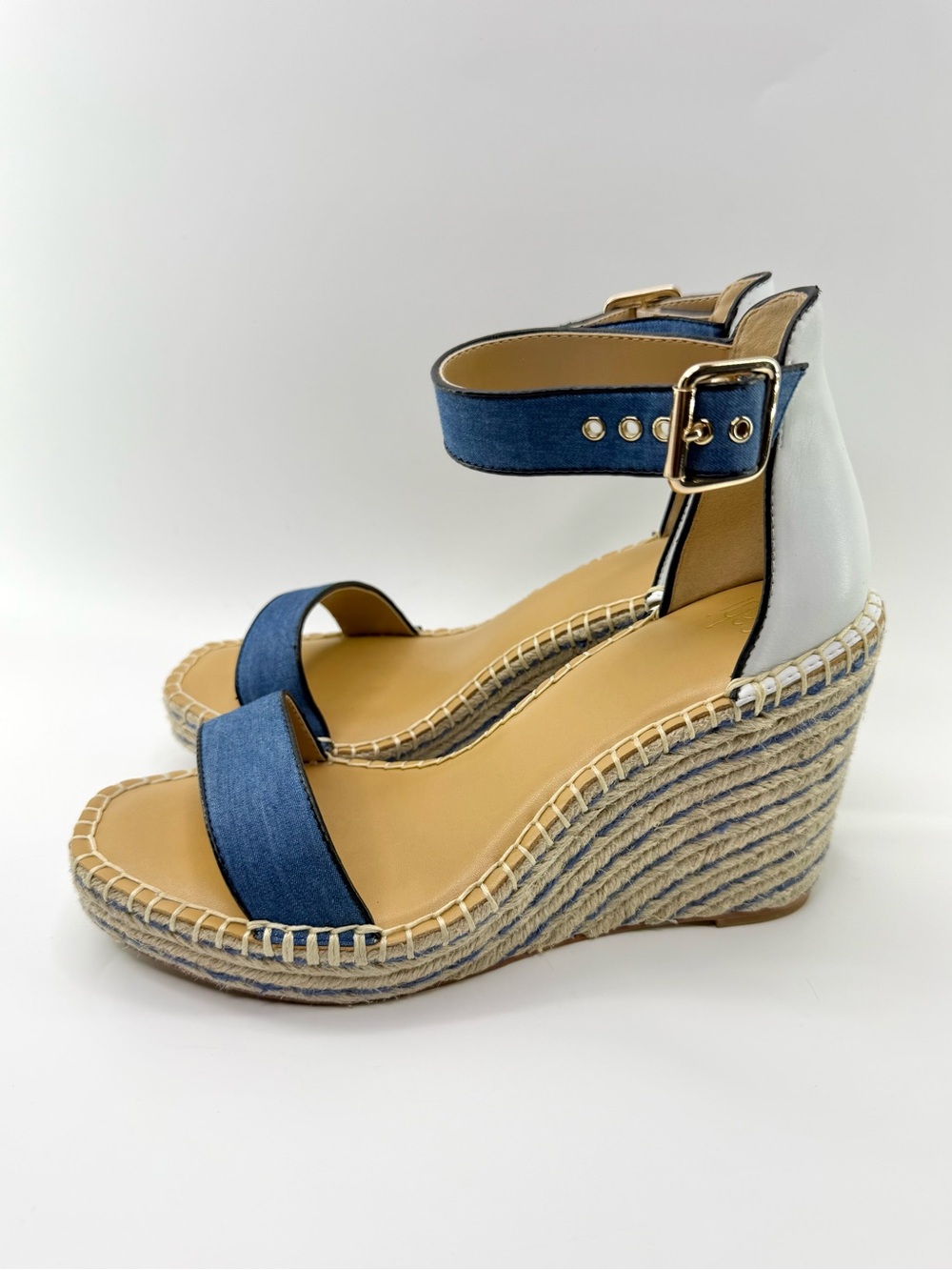 Cabi Espadrille Ankle Strap Platform Wedge Sandals Blue and White 8